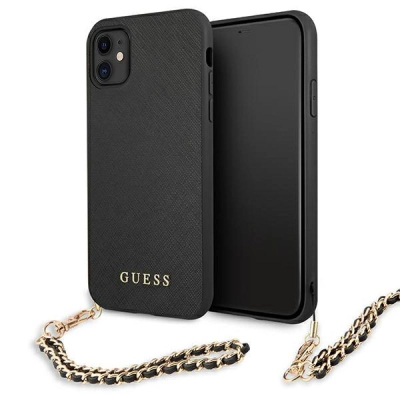 Mbështjellës telefoni Guess Saffiano Chain GUHCN61SASGBK, për iPhone 11 6.1", kuti e fortë, i zi