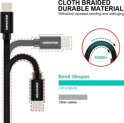 Кабел за податоци Swissten USB A во USB C, 2 m, пренос 3A, црна