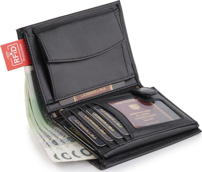 Portofol çunash Peterson, vertikal, lëkurë natyrale, RFID, i zi