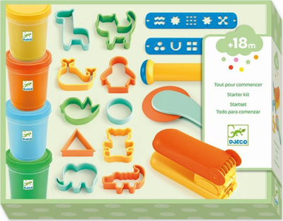 Set plasteline Djeco Starter Kit, 4 kavanoza, me vegla për formësim, me ngjyra të ndryshme