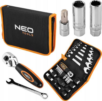 Set veglash Neo Tools për motor, 24 pjesë, me çantë