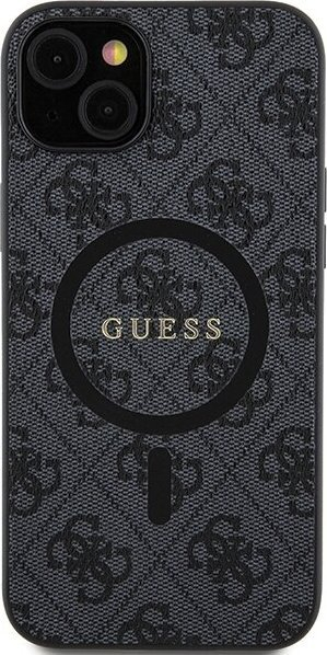 Kuti telefoni Guess 4G Collection Leather Metal Logo MagSafe, për iPhone 15 Plus 14 Plus, e zezë