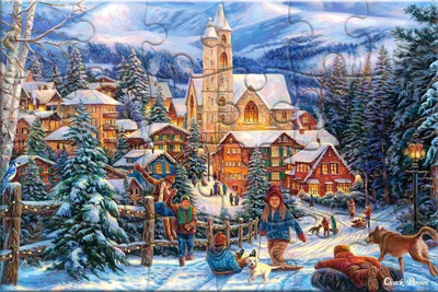 Kartolinë puzzle “Sledding to Town”, dimërore, ilustrim fshat me borë, shumëngjyrëshe