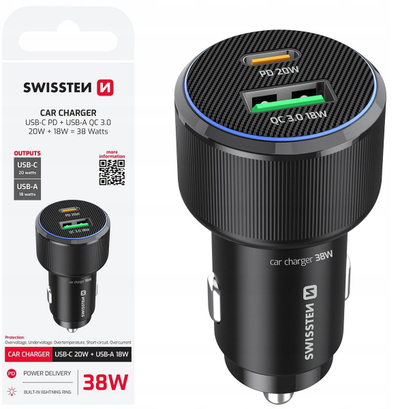 Karikues udhëtimi Swissten 3A Dual, 2x USB, me kabllo USB C, i zi