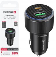 Ngarkues për veturë Swissten, USB C PD 20W, USB A QC 18W, 38W, i zi