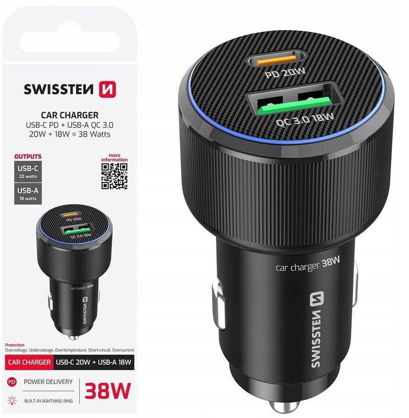 Karikues udhëtimi Swissten 3A Dual, 2x USB, me kabllo USB C, i zi