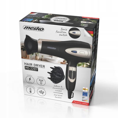Tharëse flokësh Mesko Adler MS 2287, 2400W, me jonizim, e zezë champagne