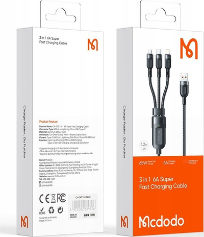 Kabllo karikimi Mcdodo CA-0930 3in1, USB-C Lightning Micro USB, 6A 65W, 1.2m, e zezë