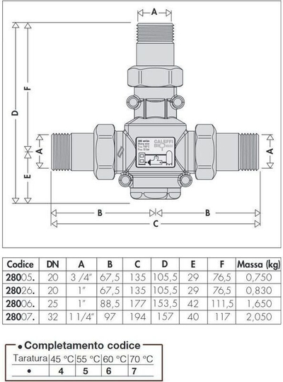 Valvulë termostatike Caleffi 280067, DN 25, 1" GZ, 70°C, bronzi