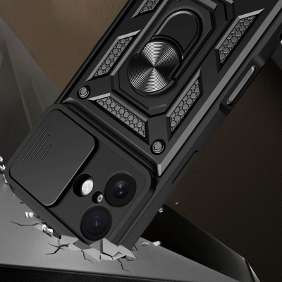 Mbrojtëse telefoni Hybrid Armor Camshield për iPhone 17, me unazë mbajtëse, mbrojtje kamere, ngjyrë e zezë