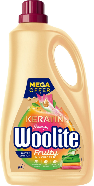 Detergjent i lëngshëm Woolite Colour Fruity për rroba me ngjyra, me keratinë, 3.6L