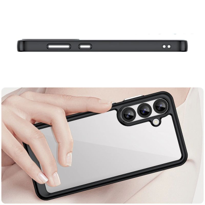 Mbrojtëse telefoni Outer Space për Samsung Galaxy A36, kornizë silikoni, pjesa mbrapa transparente, e zezë