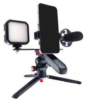 Tripod mini FireFly Video Creator Kit, kokë pan, mbajtës telefoni, ngjyrë e zezë