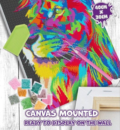 Set pikturimi me diamante Splat Planet Lion, kanavacë 40 x 30 cm, pop art, shumëngjyrësh