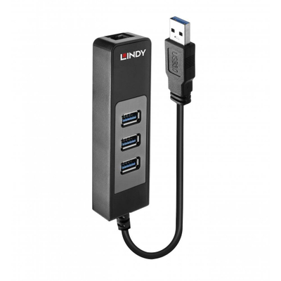 Adaptor USB 3.0 Lindy, hub me 3 porte, Gigabit Ethernet