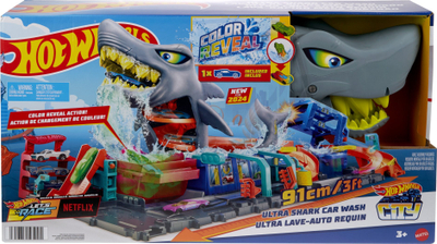 Pistë garash Hot Wheels City Ultra Shark Car Wash, me ujë, ndryshim ngjyre, shumëngjyrëshe