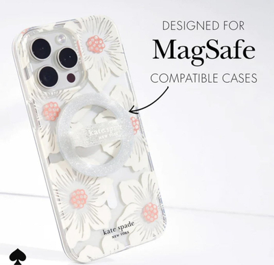 Mbajtëse magnetike telefoni Kate Spade Magnetic Loop Grip, MagSafe, rrotullim 360°, argjend me shkëlqim