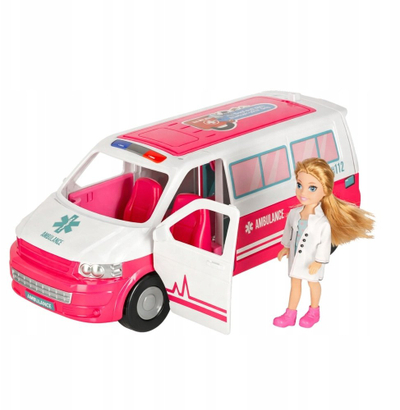 Set lodrash Mobile Hospital Ambulance 2 in 1, ambulancë dhe spital mobil, me kukull doktoreshë, e bardhë rozë tirkiz