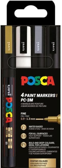 Set markera POSCA PC-3M, 4 copë, ngjyra të përziera, ari argjend e bardhë e zezë