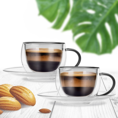 Set filxhanësh termikë me dy shtresa për espresso, 2 copë me pjata, transparent