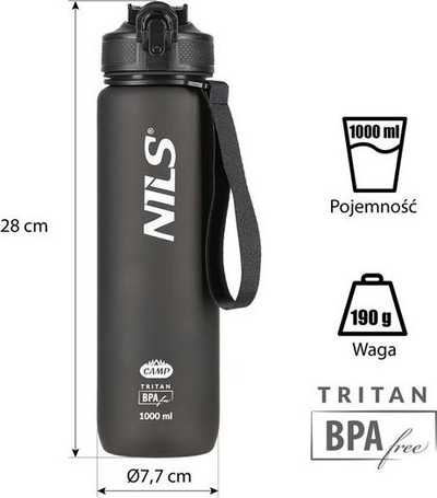 Shishe uji Nils Camp NCD68, 1000 ml, tritan pa BPA, e zezë