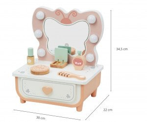 Дрвена тоалетна масичка за деца Tooky Toy TP528, со огледало и LED светилки, за на маса, шаренолика