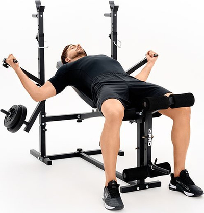 Stol fitness Zipro Ripped, me mbajtëse shtange, preacher curl dhe leg press, i zi