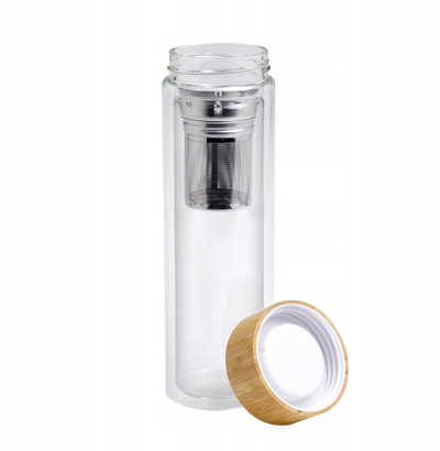Термос стаклен Kamille KM-9020, 450 ml, со филтер за чај, проѕирен