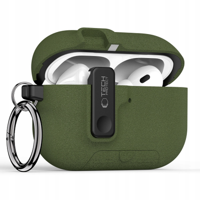 Kuti mbrojtëse Tech-Protect Slim Hook për AirPods Pro 3, polikarbonat, me karabinë, jeshile