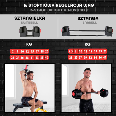 Set shtange dhe hantele HMS SGR40 PRO, peshë që e çon vetë 43.5 kg, 2 në 1, i zi me të kuqe
