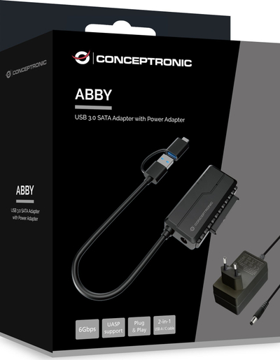 Adapter USB 3.0 në SATA Conceptronic ABBY21B, me adapter rryme, për HDD dhe SSD, i zi