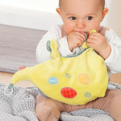 Lodër pelushi Fehn Cuddle Cloth kukull dore Dino Diego, për bebe, me zhurmë, shumëngjyrësh