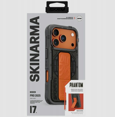 Mbulesë telefoni Skinarma Phantom për iPhone 17 Pro, MAG-Charge, me qëndrim, zezë me portokalli