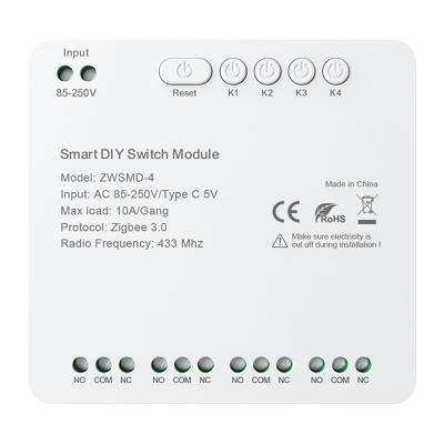 Modul çelësi inteligjent Avatto ZWSMMD-4-250V, ZigBee 3.0, 4 kanale 10A, i bardhë