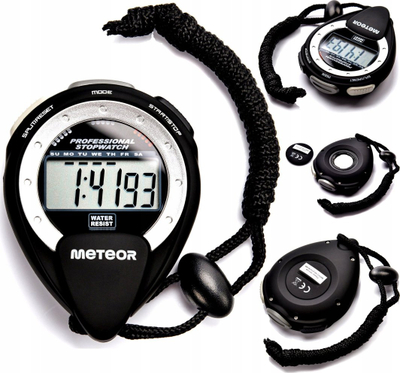 Kronometër digjital Meteor Stopwatch, mat 1/100 sekonde, i papërshkueshëm nga uji, ngjyrë e zezë