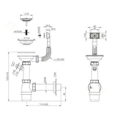 Сифон за мијалник Aniplast Fi 90 mm, тип шише со прелевање, бел