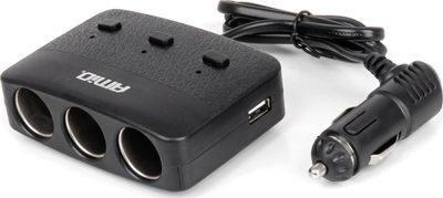 Разделувач на полнач за автомобил AMIO 04363, 3 приклучоци за запалка, 2x USB A, 12/24V