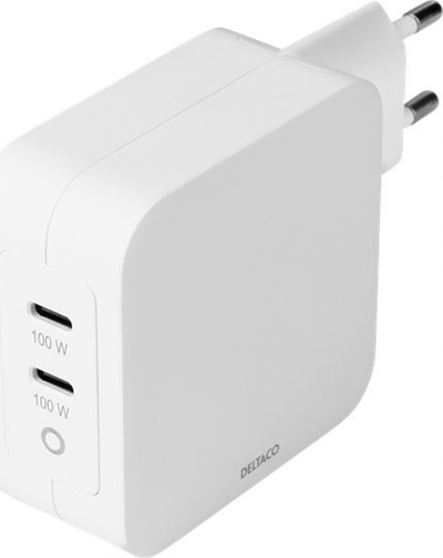 Karikues muri DELTACO USB C GaN, 100W, 2x USB C PD, i bardhë