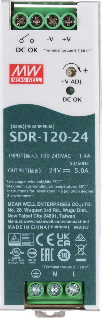 Furnizim me energji Mean Well SDR-120-24, 120W, 24V DC, për shina DIN