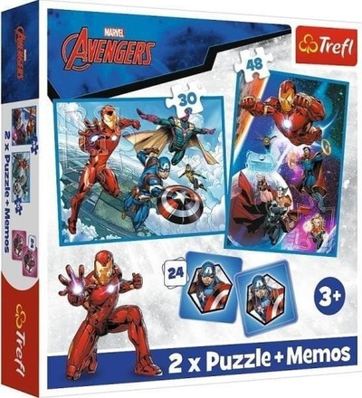 Puzzle dhe lojë memorie Trefl Avengers Heroes in Action, set 2 në 1, për fëmijë