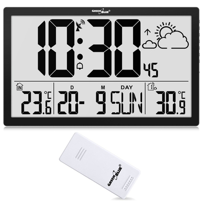 Orë murale GreenBlue GB218, ekran LCD shumë i madh, temperaturë dhe datë, e zezë