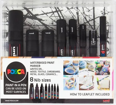 Set markerash Posca Uni Paint, 8 copë, maja të përziera, të zinj
