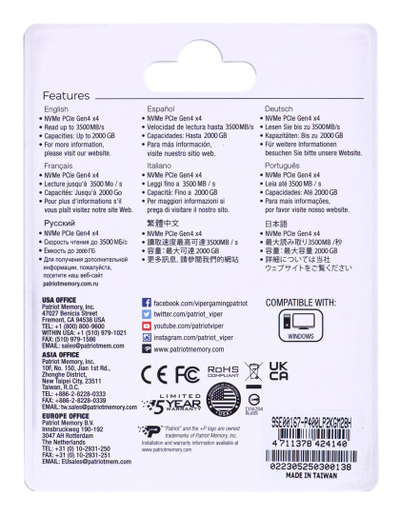 SSD Patriot Memory P400 Lite, 2TB, M.2 NVMe PCIe 4.0