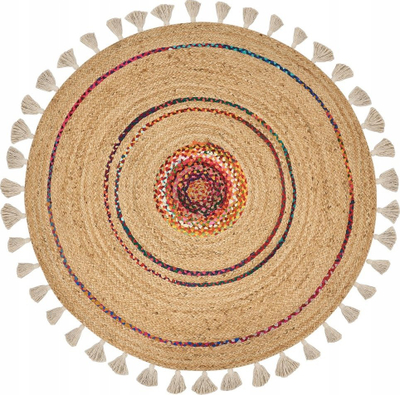 Qilim rrumbullak jute pa markë, 140 cm, boho me thupra dekorative, bezhë shumëngjyrësh