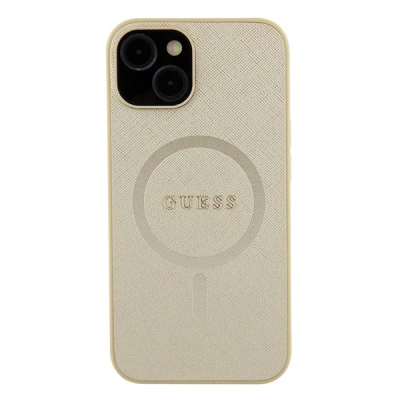 Këllëf telefoni Guess GUHMP15MPSAHMCB për iPhone 15 Plus 6.7", hardcase Saffiano, MagSafe, ngjyrë gold