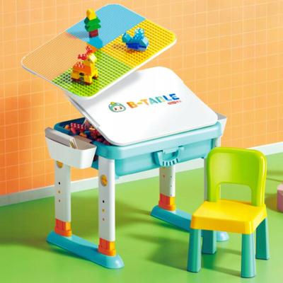 Set lojrash BOUNN 3 në 1, tavolinë me blloqe, karrige, plastikë shumëngjyrëshe
