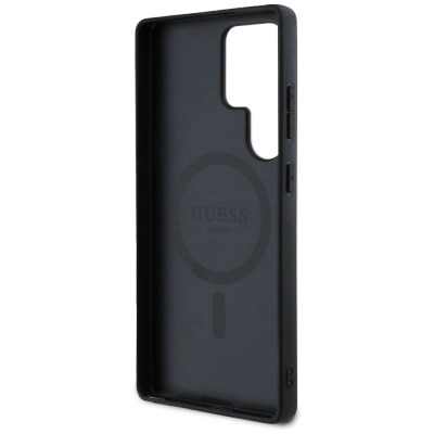 Kuti mbrojtëse Guess 4G Ring Classic Logo për Samsung Galaxy S25 Ultra, lëkurë, MagSafe, e zezë