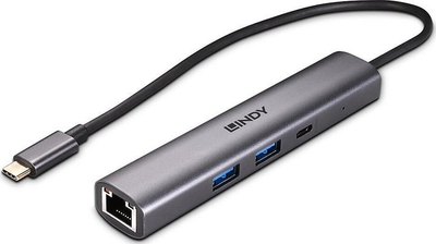 Hub USB Type-C Lindy 43385, Gigabit Ethernet, me plot porta USB, gri