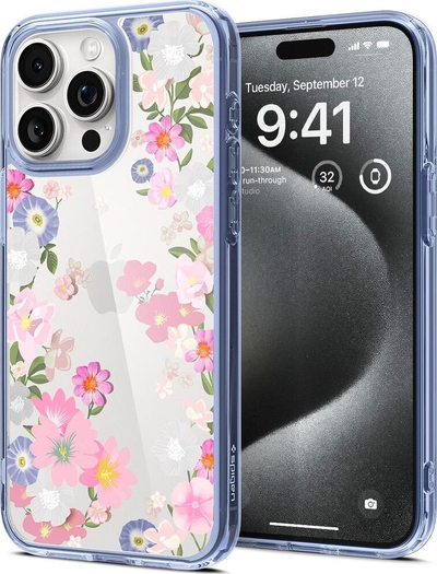 Kapak mbrojtës Spigen Ultra Hybrid Blossom për iPhone 15 Pro, TPU edhe polikarbonat, transparent me lule