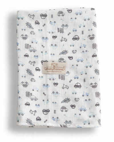 Пелена муслин BabyMatex Muslin Design, 80 x 120 cm, 100% памук, бела со автомобили